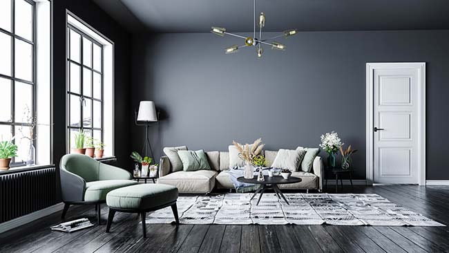 modern living room with dark theme and wood plank tiles for flooring