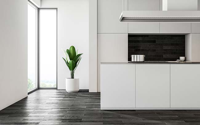 white wall kitchen interior dark wooden